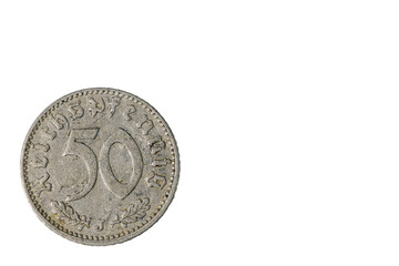 Close up view of old front side of coin of Nazi Germany 50 pfennig dated 1939. Numismatic concept.