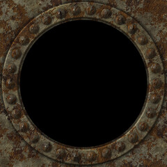 Rusty riveted metal square plate with hole seamless texture, detailed grungy metal. Detailed rust, dirt and scratches, realistic metallic look