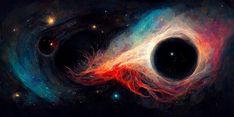 Black hole. Huge stars in a deep space. Dark cold nebula. Dark night sky.