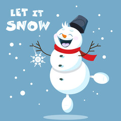 Snowman with a snowflake on a blue background, Christmas card, vector graphics