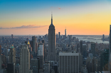The skyline of New York City at sunset.