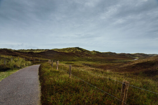 Nothern autumn dunes after the rain with a dark sky and a path circuling through 