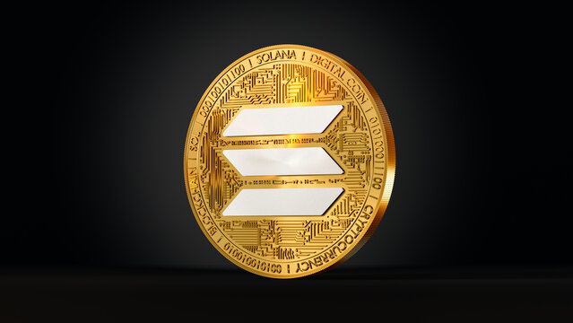 solana cryptocurrency, sol token sign and logo on golden coin, 3d rendering on a black background