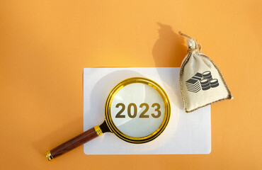 Magnifying glass 2023 and money bag. Budget planning for the next year. Financial management in...