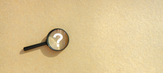 Magnifying glass with a question mark. Looking for an answer. Search and analysis, analytics and...