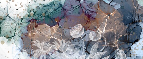 floral fantasy, dreamy abstract background made by alcohol ink and multimedia elements, modern art design illustration 
