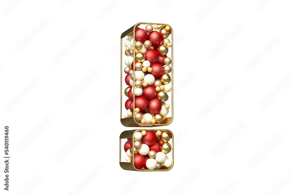 Poster set of glowing christmas balls in the shape of a exclamation point. font of floating spheres. high q