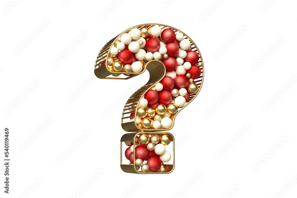 Poster question mark symbol designed in christmas style with floating golden, red and white balls. high qua