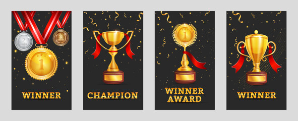 Champion trophy set gold - Championship winner trophy, gold medal award - Set of gold laurel wreath award