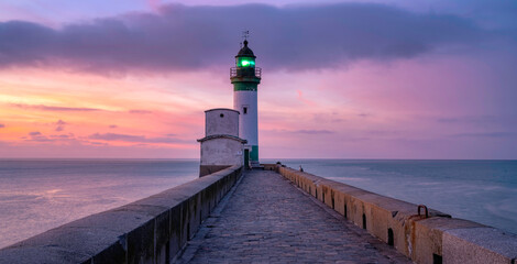 Treport Lighthouse at sunset - obrazy, fototapety, plakaty