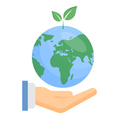 Vector illustration of human hand holding Earth globe, Recycle icon, light bulb, leaves and clouds. Concept of World Environment Day
