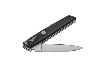 Pocket folding knife isolate on white back. Compact metal sharp knife with a folding blade.