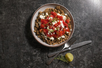 Dakos greece salad. Rusks with tomatoes and feta cheese.
