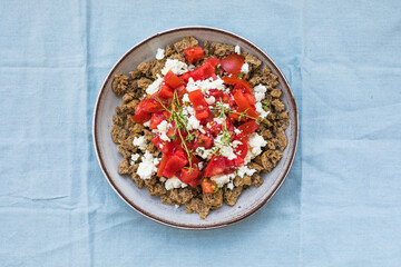 Dakos greece salad. Rusks with tomatoes and feta cheese.