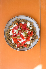 Dakos greece salad. Rusks with tomatoes and feta cheese.