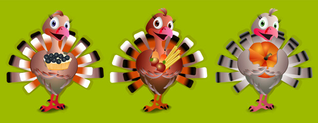 Naklejka premium Set of cute Thanksgiving turkeys