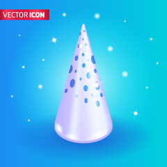 Realistic 3D Isometric illustration, Cartoon. Bright cone-shaped white Christmas tree on a beautiful blue background. Holiday greeting card. Vector for web Design