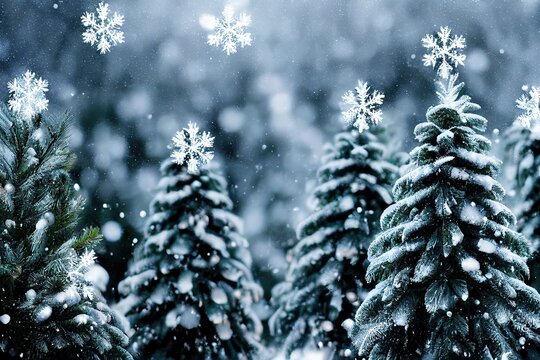 Fir Tree Under Stormy Snowfall Closeup. Peaceful Scenery With Frosty Snowy Weather Condition. Tranquil Woodland Abstract Scene For Christmas And New Year Greeting Card Or Wrapping Paper