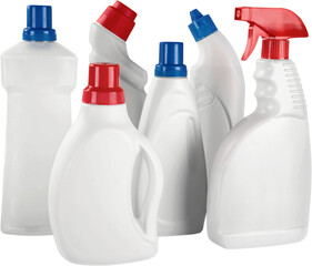 Plastic bottles and cleaning equipment on white background