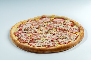 ..Pepperoni pizza on white background. Copy space. Selective focus