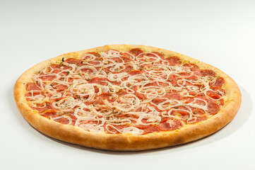 ..Pepperoni pizza on white background. Copy space. Selective focus