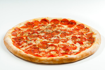 ..Pepperoni pizza on white background. Copy space. Selective focus