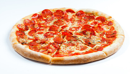 ..Pepperoni pizza on white background. Copy space. Selective focus