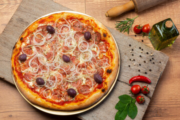 ..Pepperoni pizza on white background. Copy space. Selective focus