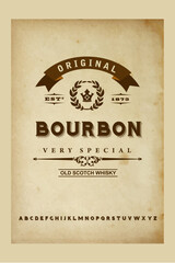 Font.Alphabet.Script.Typeface.Label.Bourbon typeface. For labels and different type designs. On old paper with vintage fonts.
