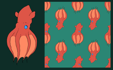 the pattern of the octopus of the infernal vampire and the sea octopus is red on dark green, isolated. seamless octopus pattern with blue eyes on emerald for textile design template, Vampire squid. a 