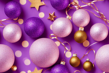 Bright christmas frame purple and white and gold christmas decorations on purple background winter...