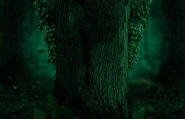 Fantasy tree in the night magical forest. Glowing blurry background