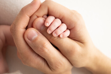 A newborn holds on to mom's, dad's finger. Hands of parents and baby close up. A child trusts and holds her tight. Tiny fingers of a newborn. The family is holding hands. Concepts of family and love.