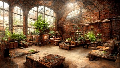 Rustic spacious botanical garden with big windows illustration
