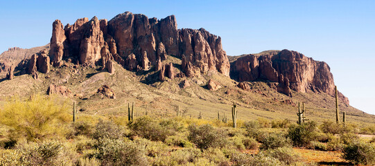 Superstition Mountains in the Arizona Desert located east of Phoenix and near Gold Canyon - 540122836