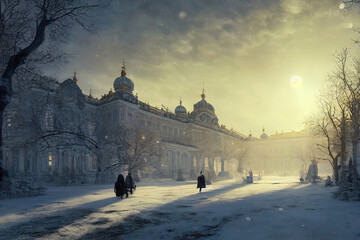 Beautiful Winter Palace with bathing places and columns. 3D illustration - obrazy, fototapety, plakaty