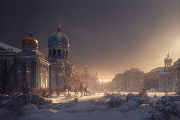 Beautiful Winter Palace with bathing places and columns. 3D illustration