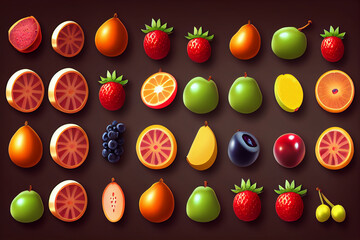 Fototapeta na wymiar Fruits and berries game icons for casino app or pc. Cartoon set.