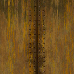 Rusty riveted metal plate wall covering seamless texture, rusty color