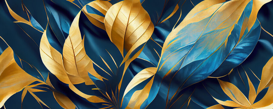 Abstract background in blue color with golden tropical leaves. Seamless repeat pattern for wallpaper, fabric and paper packaging, curtains, duvet covers, digital print design. 3d illustration