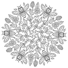 Gardening, green vibes. Hand drawn coloring page for kids and adults. Spring, nature. Beautiful drawing with patterns and small details. Coloring book pictures. Vector