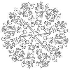 Gardening, green vibes. Hand drawn coloring page for kids and adults. Eco concept, zero waste. Beautiful drawing with patterns and small details. Coloring book pictures. Vector
