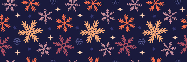 Long seamless winter christmas New Year pattern with snowflakes on a dark background