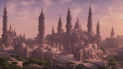 Fototapeta na wymiar Ancient eastern Arab city, oriental landscape, stone ancient buildings of a fabulous city. 3D illustration