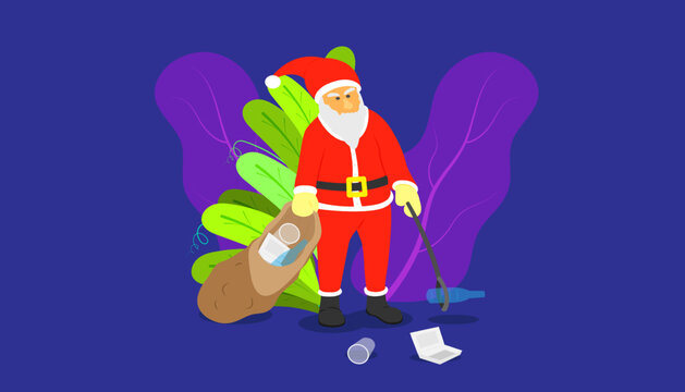 Closeup of an angry Santa Claus collecting trash from the ground on a purple background