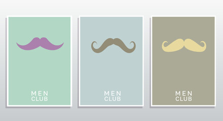 Barbershop banner.  Mustache set minimal templates in soft colors. Men club saloon. Original business card, page cover, brochure, email header, post in social networks, advertising, corporate style.