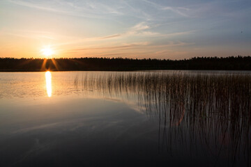Lake in the forest in LAtgale region, Latvia. Sunset, reflection. Wallpaper, background