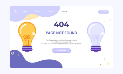 404 Page not found.  404 error web page banner template. Flat illustration of on and off light bulbs for design template of fail and error	

