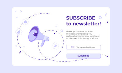 Subscribe to newsletter banner with megaphone and message social media icon. Vector banner of email marketing. Subscription to newsletter, news, offers, promotions. Send by mail. Follow me - obrazy, fototapety, plakaty