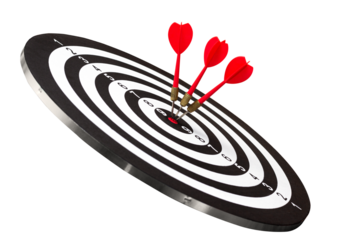 The darts hit the target. Darts game, no background. Successful business concept, leadership and victory